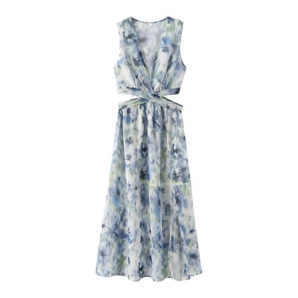 ZARA Elegant Cutout Waist Print Maxi Dress